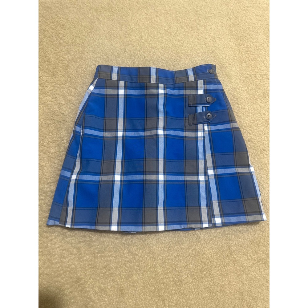 Dennis School Uniform Plaid Skirt Girls Size 8 Blue Gray‎ White Button Accent